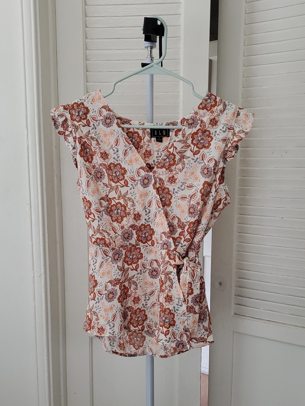 OLM Orange Floral Wrap Peplum Deep V Neck Blouse Size S
